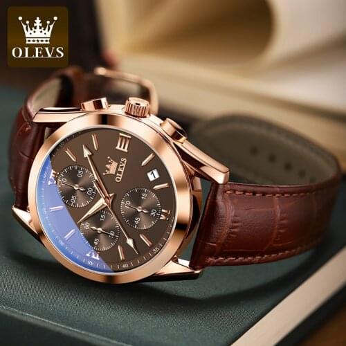 OLEVS Mens Quartz Chronograph Watch Top Military Waterproof Watch Mens Luxury Breathable Leather Sports Watch Montre homme