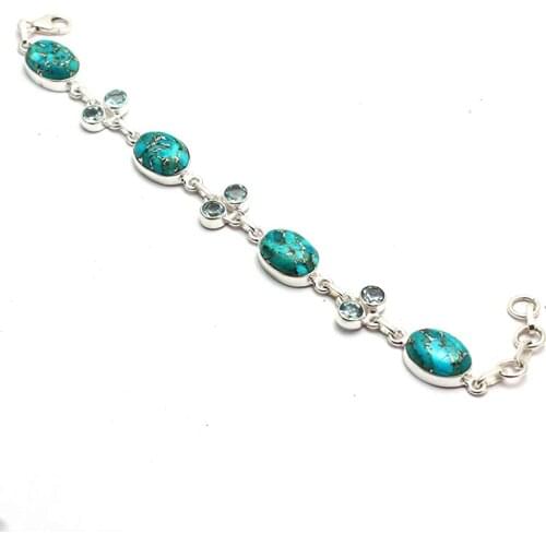 Genuine Blue Copper Turquoise + Blue Topaz Bracelet 925 Sterling Silver,19 cm, GRP0340