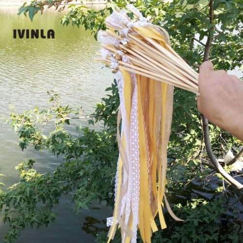 Newest 50pcs/lot Gold jute lace wedding Ribbon Wands with big sliver Bells for wedding party