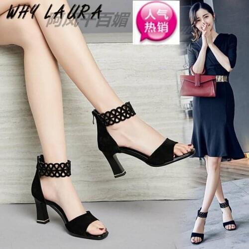 New summer high heels with open toe one-button womens sandals ankle strap Roman suede square toe sexy womens sandals