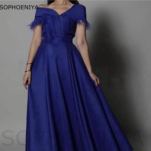 New Arrival V Neck Royal Blue Evening dresses Long With Feathers A-Line Caftan Dubai Evening gowns Cheap Prom Party dress