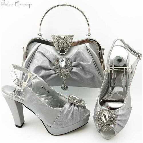 Italian Design Lastest African Crystal Style Women Shoes and Bag Set in Silver Color Nigerian for Royal Wedding Party
