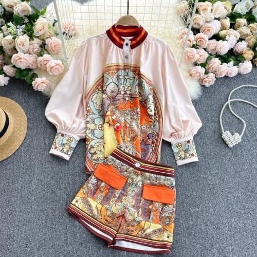 Womens Spring Summer Long Sleeve Print Shirt Female Vintage High Waist Casual Wide Leg Shorts 2 Pieces Set TB1832