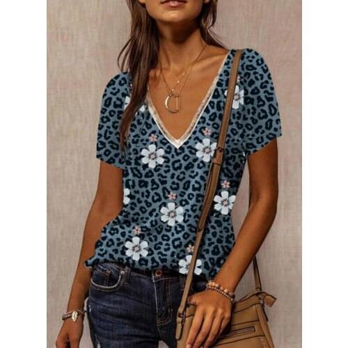 Women Leopard Floral Print Sequins V Neck Short Sleeve Streetwear Casual Tees T-shirt Ladies Tops Summer Clothing 2021 Camisetas