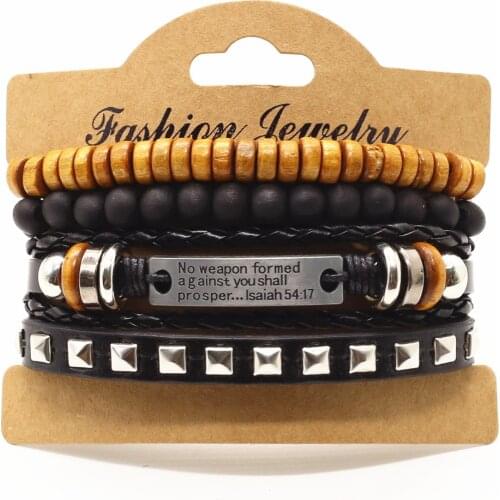 4 Pcs/set Lion Cross Guitar Charm Wood Beads Men Leather Bracelets Women Femme Homme Male Pulseras Gift Jewellery