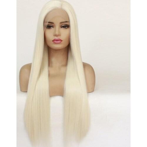 60#Platinum Blonde Synthetic Lace Front Wig For Women High Temperature Fiber Long straight Lace Wigs with Baby Hairs Milky white