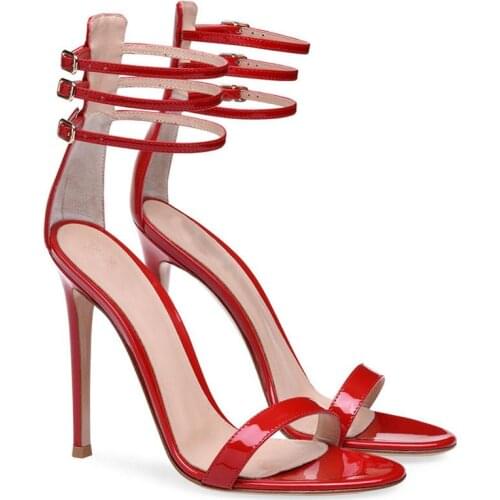 High Heel Strap Sandals Women Red Patent Leather Summer Shoes Woman Ladies Dress Heels Fashion Heeled Ankle Strap Sandal 34-45