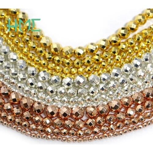 4/6/8/10mm Gold Natural Stone Beads Round Faceted Plated Hematite Beads For Jewelry Making DIY Craft Bracelet Necklace