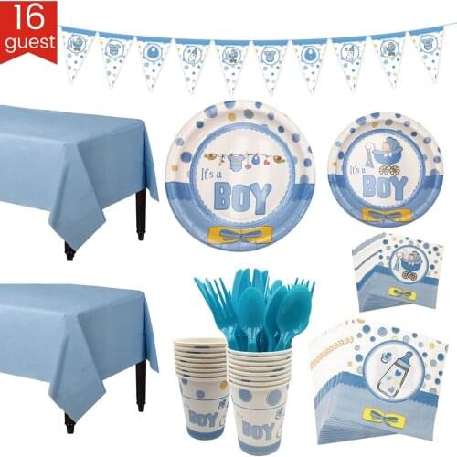 Baby Shower Party Decor & Tableware Set Disposable Tableware Set Paper Plates Cup Banner Party Supplies For 16 Guests