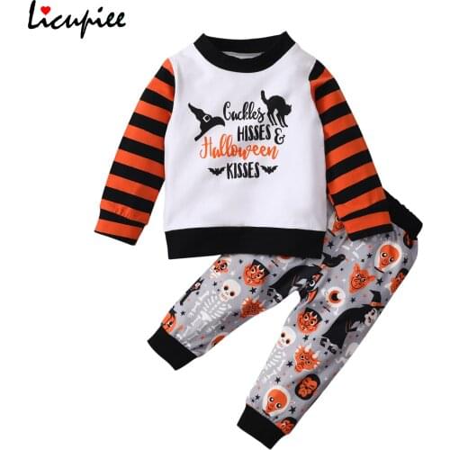 1-4 Years Letter Girls Kids Suit Set Halloween Cartoon Patterns Print O-neck Long Sleeve Blouse+ Long Pants for Spring Fall