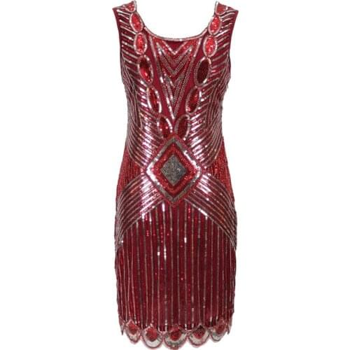 Women 1920s Gatsby Sequin Art Deco Scalloped Hem Inspired Flapper Dress Vintage O-neck Sleeveless Hollow Out Back Party Dress