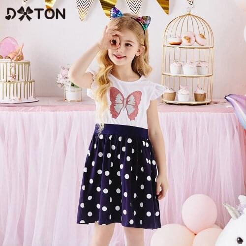 DXTON Cotton Children Dress Summer Flying Sleeve Kids Dress For Girls Polka Dot Girls Dresses Butterfly Pattern Toddler Costumes