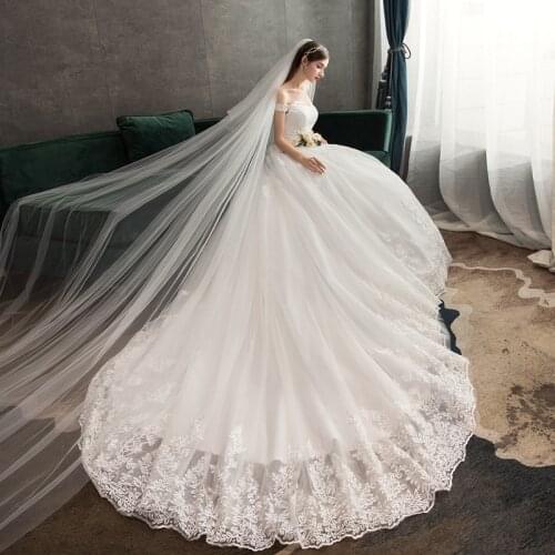 Elegant Off The Shoulder Lace Wedding Dress 2021 New Lace Boat Neck Ball Gown With Court Train Luxury Lace Up Vestido De Noiva