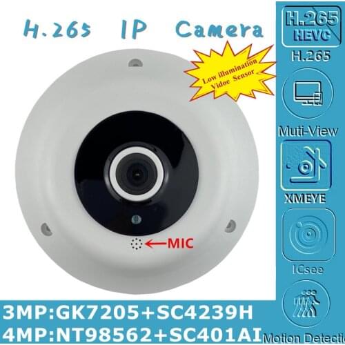 Built-In MIC Panorama FishEye 4MP IP Ceiling Dome Camera 1.7mm NT98562+SC401AI 2560*1440 H.265 ONVIF CMS XMEYE IRC RTSP Radiator