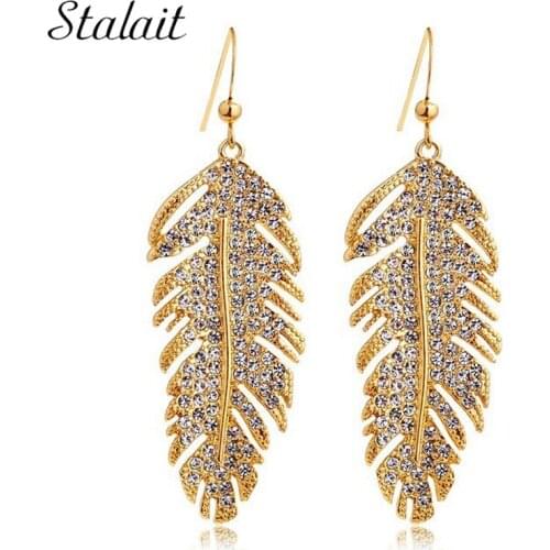 Fashion bridal Gold Color Austria Crystal rhinestones floating feather leaf drop Earrings jewelry 84138