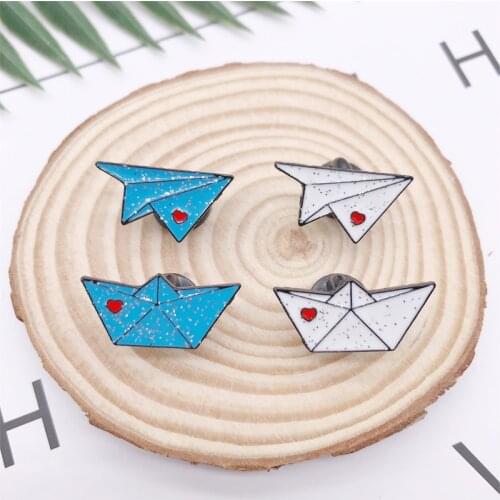 Cartoon Paper plane Boat Enamel Pins Custom Love heart Brooches Bag clothes Aircraft Ferry Badge Jewelry Gift For Kids Friends