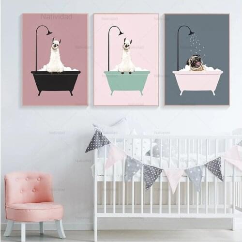 Nordic Canvas Painting Minimalist Bath Animal Pink Cartoon Painting Wall Art Picture Baby Girl Room Nursery Decoration