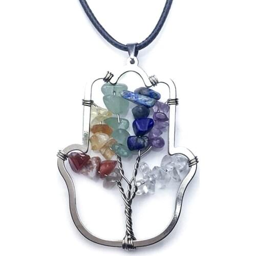 Natural Crystal Crushed Stone Tree of Life 36x49mm Seven Chakra Pendant Handmade Winding Pendant Palm Tree of Life Single Root
