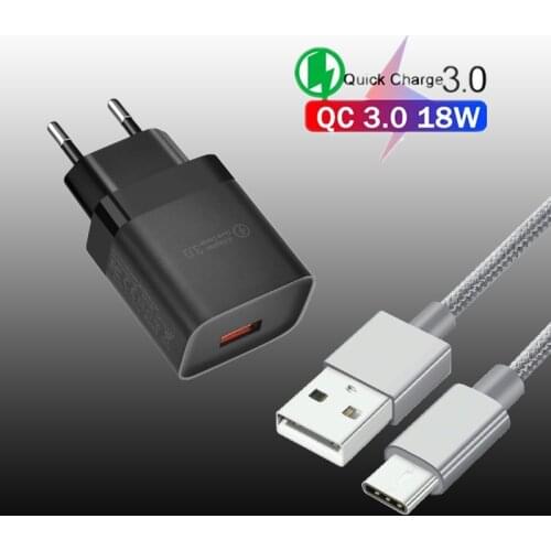 QC 3.0 18W Fast Charging Type C Nylon Cable For Samsung A51 Huawei P30 Xiaomi Redmi Note 10 Realme 8 Pro Phone Charge Adapter