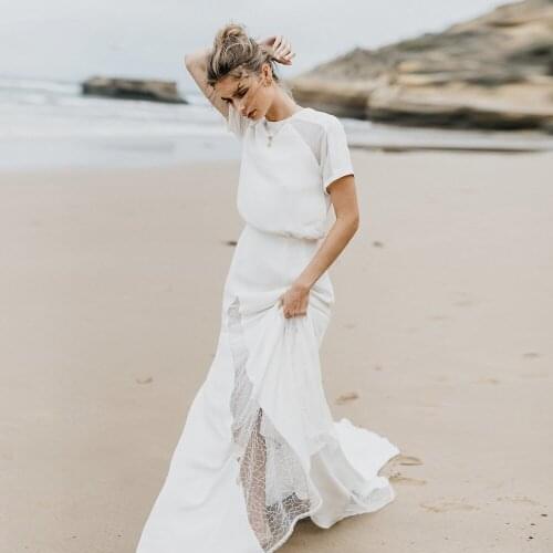 Off White Chiffon Short Sleeve Wedding Dress Sexy Backless Beach Boho Bridal Dresses 2021 See Through Bohemian Lace Wedding Gown