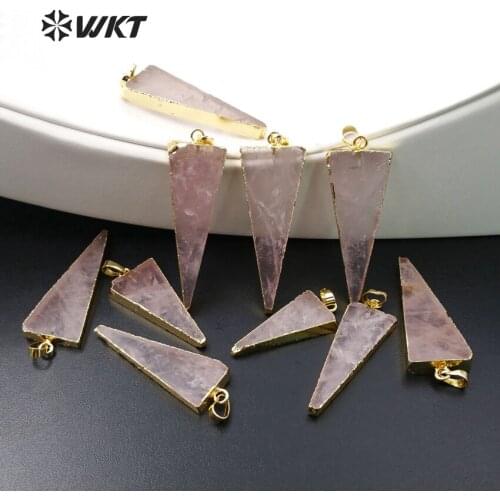 WT-P1119 Wholesale Fashion jewelry natural pink quartz pendants Unique design triangular Pink Crystal pendants with gold color