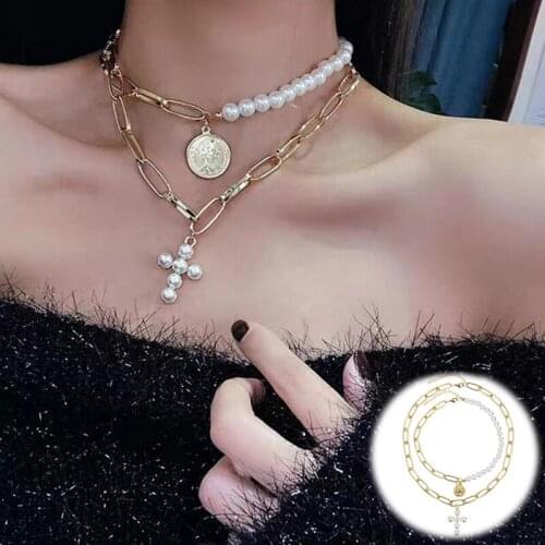 2pcs / Set Gold color Necklace thick short necklace Cross Pendant coin Bohemia Retro fashion
