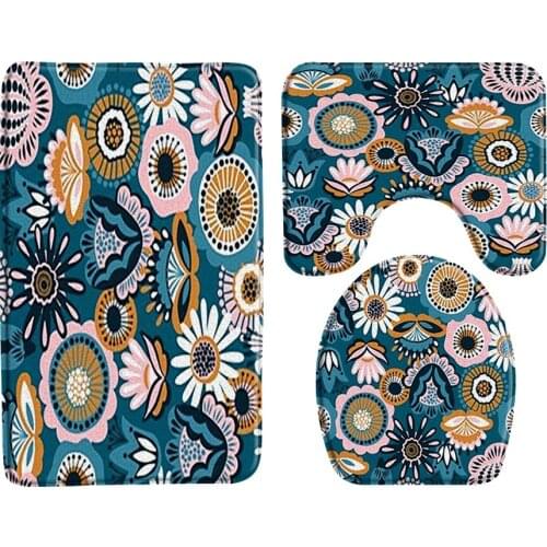 Hand Painted Colorful Flowers Bath Mat Bathroom Decor Non-Slip Floor Mats Toilet Cover Lid Rug Three Piece Set Bathroom Products