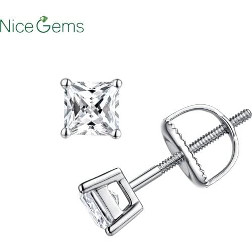 NiceGems 14K 585 White Gold Princess Cut 0.8CTW D Color Moissanite Diamond Stud Earring Screw Back Stud Earrings For women