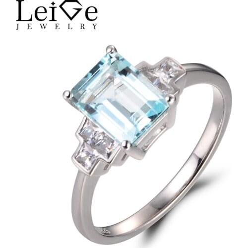 Leige Jewelry Natural Sky Blue Aquamarine Rings Promise Rings Emerald Cut Rings March Birthstone Rings Solid 925 Sterling Silver