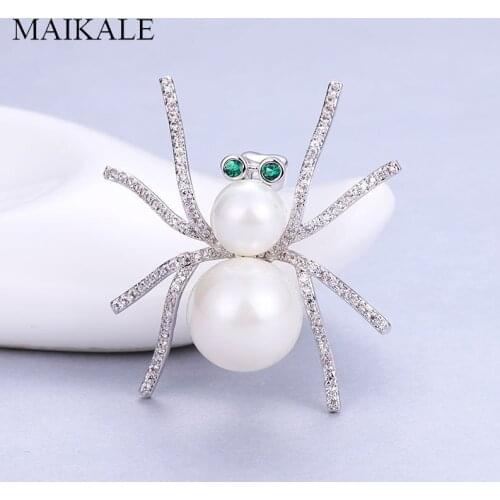 MAIKALE Copper Spider Brooch For Women Zirconia Platinum Plated Pearl Brooch Pins Suit Shawl Accessories Luxury Jewelry Gifts