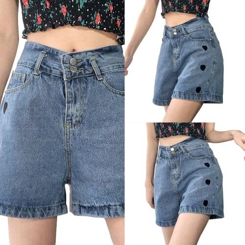 2021 New Women Summer Embroidered Jeans, Adults High Waisted Heart Pattern Wide-leg Shorts with Pocket, Belt Loop