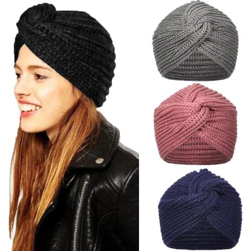 Haimeikang Womens Knitted Turban Hats Knot Bandanas Headband 2021 Autumn Winter Warm Cap Solid Cross Women Hair Scarfs
