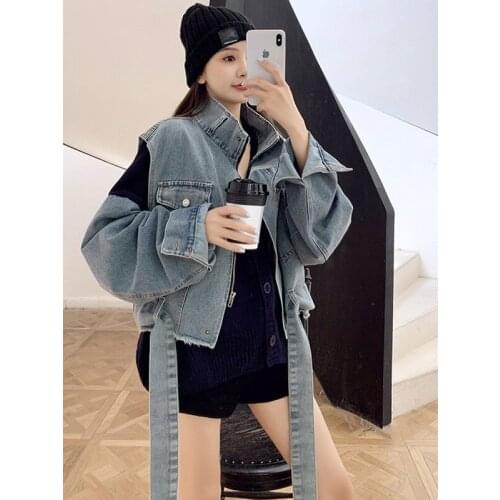Streetwear Fashion Set Womens Spring 2021 Loose Contrast Color Knitted Stitching Jacket+denim Vest Two Piece Outfits for Women