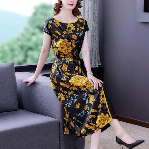2021 Vintage Casual Floral Satin Midi Dress Summer Elegant 4XL Plus Size Mulberry Silk Beach Dress Women Bodycon Party Vestidos