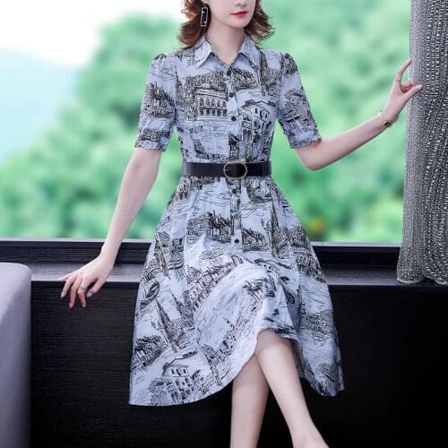 Summer Casual Print Midi Shirt Dresses 2021 New 3XL Plus Size Vintage Office Lady Sundress Women Elegant Bodycon Party Vestidos