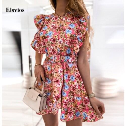 Elegant Butterfly Sleeve Ruffle Lady Party Dress Casual Button O Neck Women Summer Dress Fashion Floral Print Beach Mini Dress