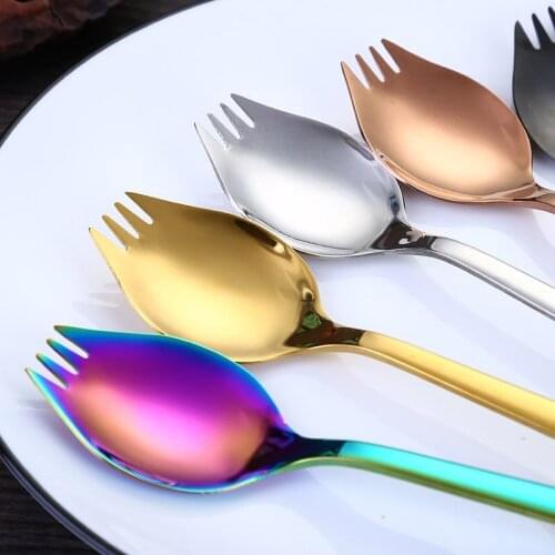 2 In 1 Long Handle Salad Spoon Stainless Steel Multifunction Dessert Snack Fruit Forks For Coofee Tea Kitchen Fruit Utensils