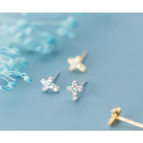 6mm*5mm Small 1Pair Authentic Real 100% 925 Sterling Silver Jewelry Religion CZ Cross Piercing Ear Stud Earrings C-G8761