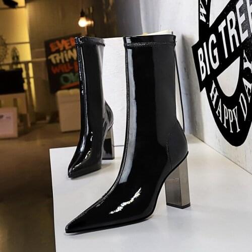 Bigtree Streets Style Chelsea Boots Women Fall New Fashion Metal Square Heels Sexy Pointed Toe Ladies Party Dance Shoes Booties