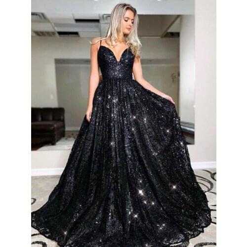 Black Prom Dresses A-line Spaghetti Straps Sequins Sparkle Dubai Saudi Arabic Robe De Soiree Long Prom Gown Evening Dresses