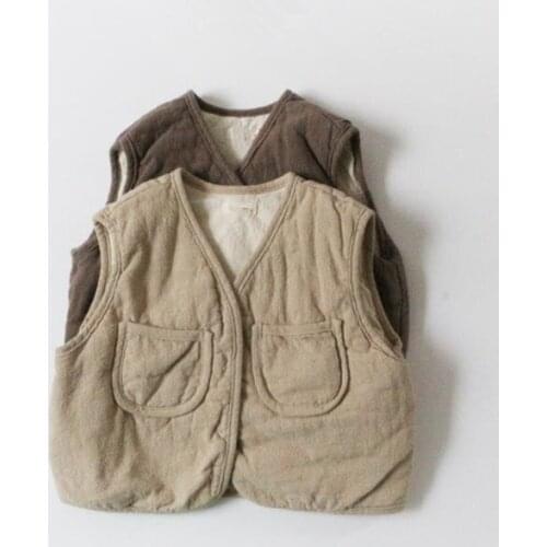 Childrens thickened vest loose cotton linen cotton vest double pocket childrens cotton vest