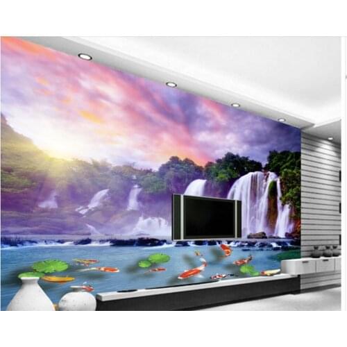 Home Decoration 3D mountain stream waterfall carp lotus leaf custom photo wallpaper 3d wallpapers for living room