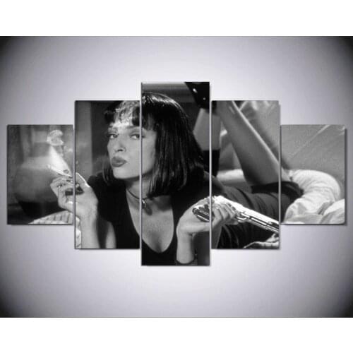 JIE DO ART Modern Home Decor Canvas Mia Smoke Pictures HD Printed 5 Pieces Pulp Fiction Movie Characters Girl Painting Living