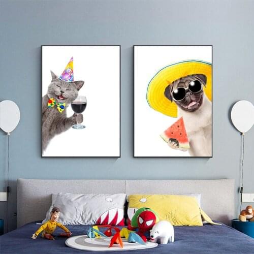 Cute Pug Dog and Cat Canvas Painting Poster Funny Animals Hold Winebowl Prints Wall Art Pictures For Living Room Home Decoration