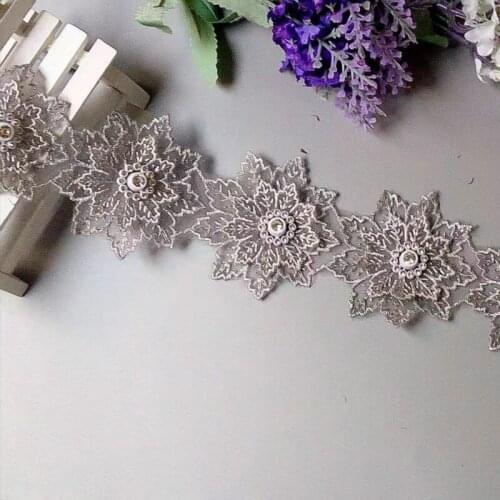 10x Gray Pearl Handmade Beaded Flower Embroidered Lace Trim Ribbon Double Layered Applique Dress DIY Sewing Craft New Hot