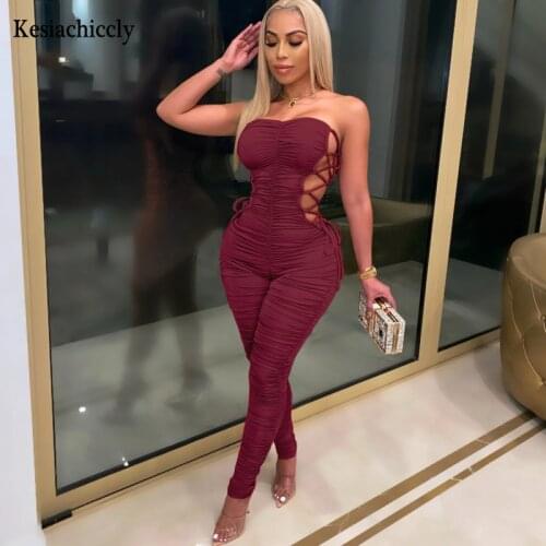 Kesiachiccly Sleeveless Skinny Summer Rompers Womens Jumpsuit Bandage Sexy Jumpsuit Women Hollow Out Pleated Casual Overalls