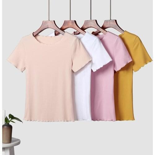 Ruffles Summer T Shirt Women Cotton Casual Solid Short T-Shirt Women Korean Tops Tee Shirt Femme Slim Black Tshirt Harajuku New
