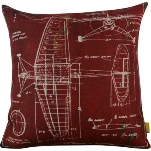 LINKWELL 18x18" Vintage Dark Red Plane Patent Airplane Popular Burlap Decorative Cushion Cover Throw Pillowcase