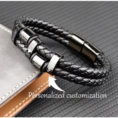 MingAo Charm Men Layer Leather Beads Bracelets for Men Women Customizable Engraving Stainless Steel Casual Personalized Bangle