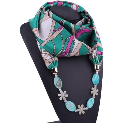 Fashion Summer Women Chiffon Print Scarf Jewelry Necklace Scarves Shell Flowers Pendant Scarf Ring style